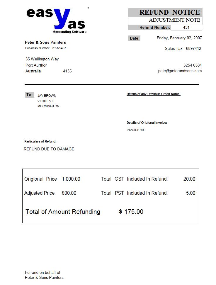Sample of a Credit Note