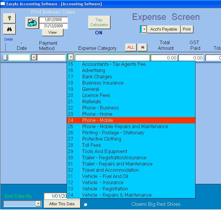 View of the drop down box showing how you select the expense categories