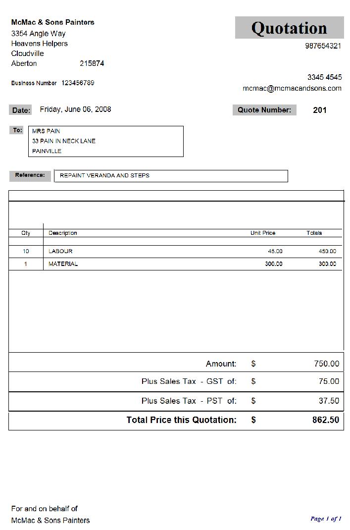 Sample of a Quote with 2 Forms of Tax on Goods and Services