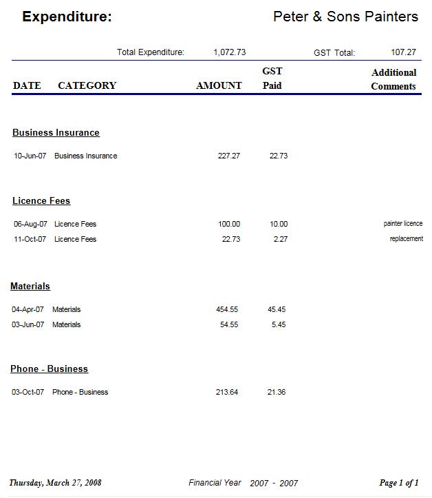 Sample view of Expense Report showing all entires printed in their groups