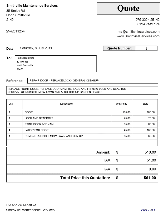 Sample of a Quote with 2 Forms of Tax on Goods and Services